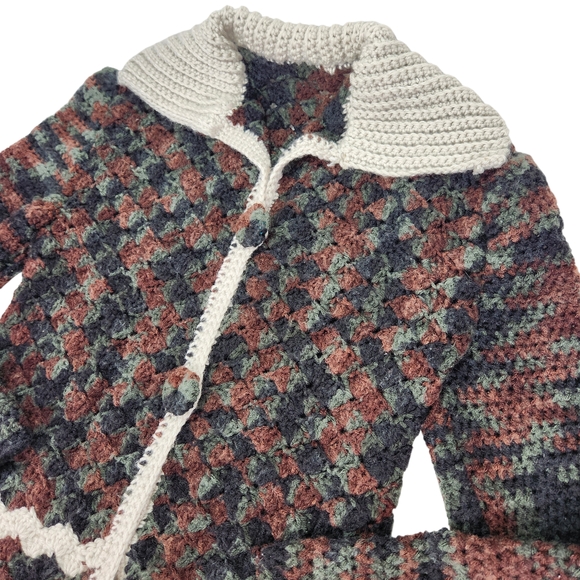Handmade Vintage Crocheted Knit Cardigan Brown Green Granny Grandmacore XL - Picture 2 of 15